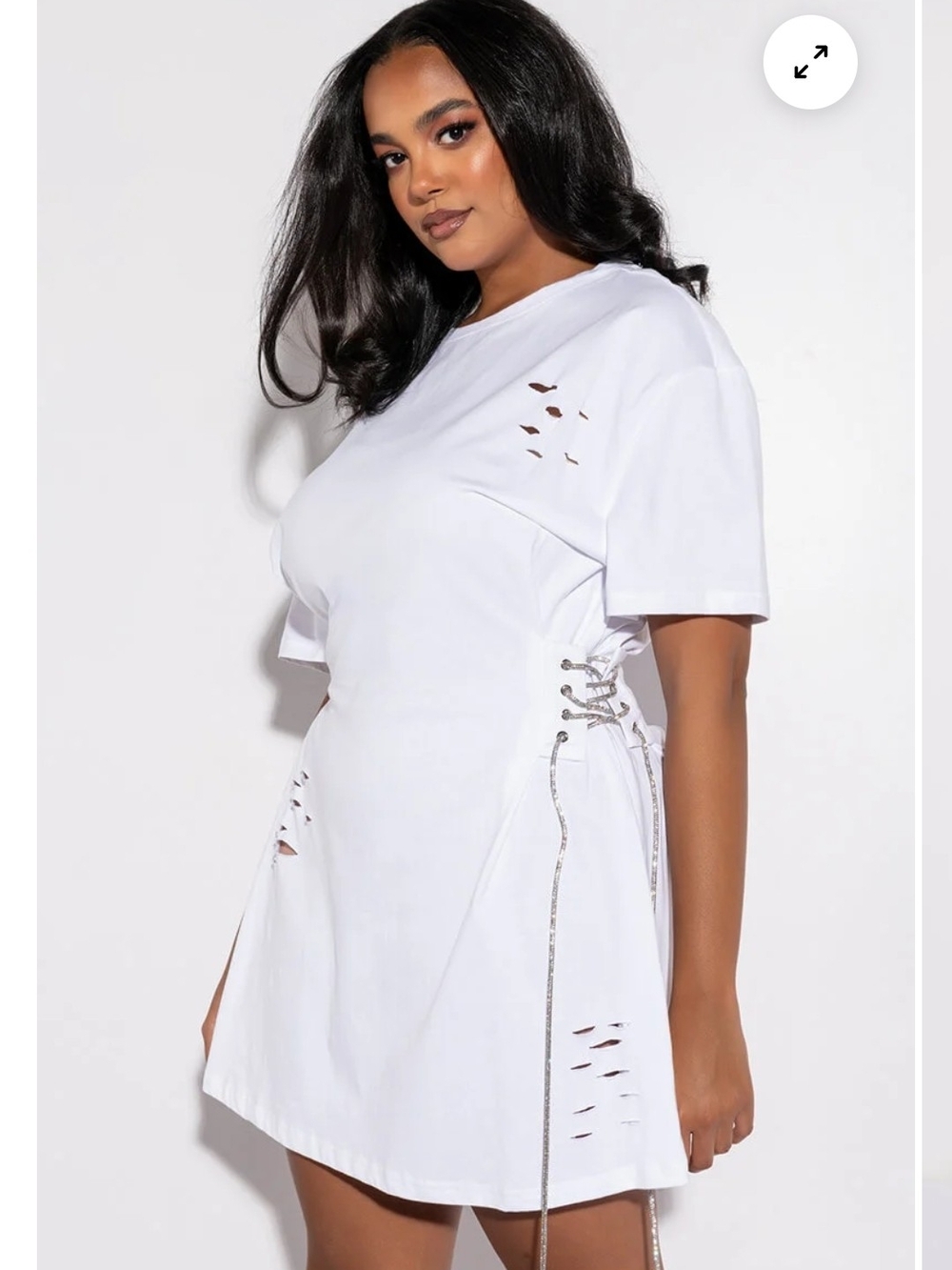 White Lace-Up Distressed T-Shirt Dress - Women